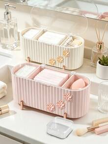 Cute Flower Decor 3‑Compartment Makeup Pad Storage Box, Clear Lid Dust‑Proof Desktop Organizer For Cotton Pads, Q‑Tips, Beauty Sponge, Small Cosmetic Accessory Storage Container For Vanity Bathroom - Multicolor - View 2