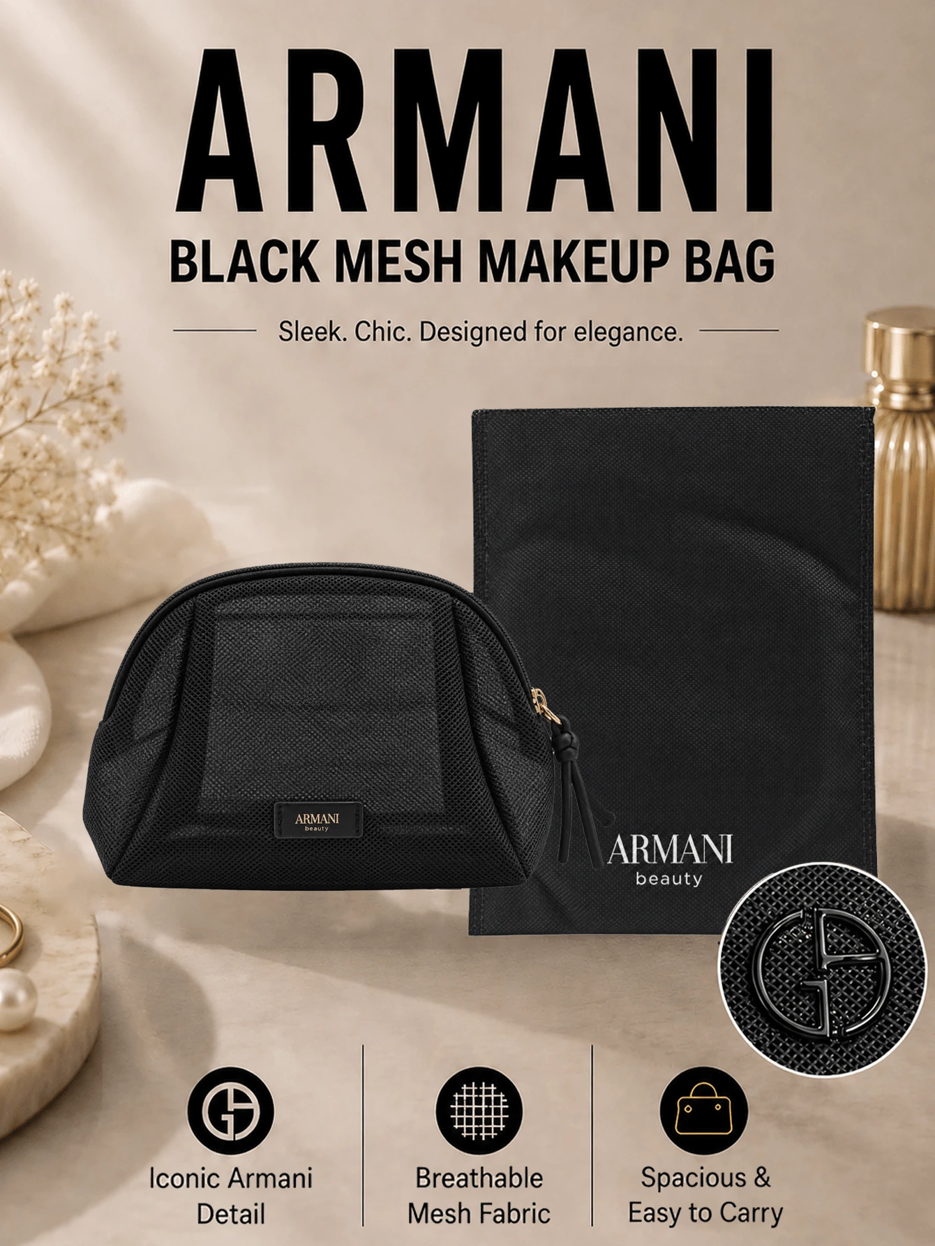 Giorgio Armani Armani Black Mesh Makeup Bag, 20*7*12.4cm, Mesh Texture, Durable & Portable, Smooth Zipper, Visible Storage, Versatile For Travel, Toiletries, And Daily Makeup