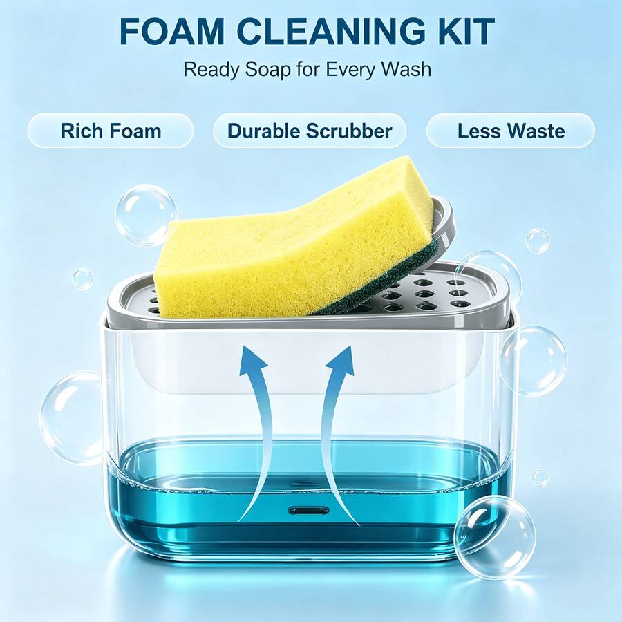 1/2 hộp đựng xà phòng rửa bát đặt trên bàn bếp tích hợp khay đựng miếng rửa bát và thoát nước, bình đựng nước rửa bát chống tràn, phong cách tối giản, đồ trang trí nhà bếp, quà tặng gia dụng thiết thực cao cấp