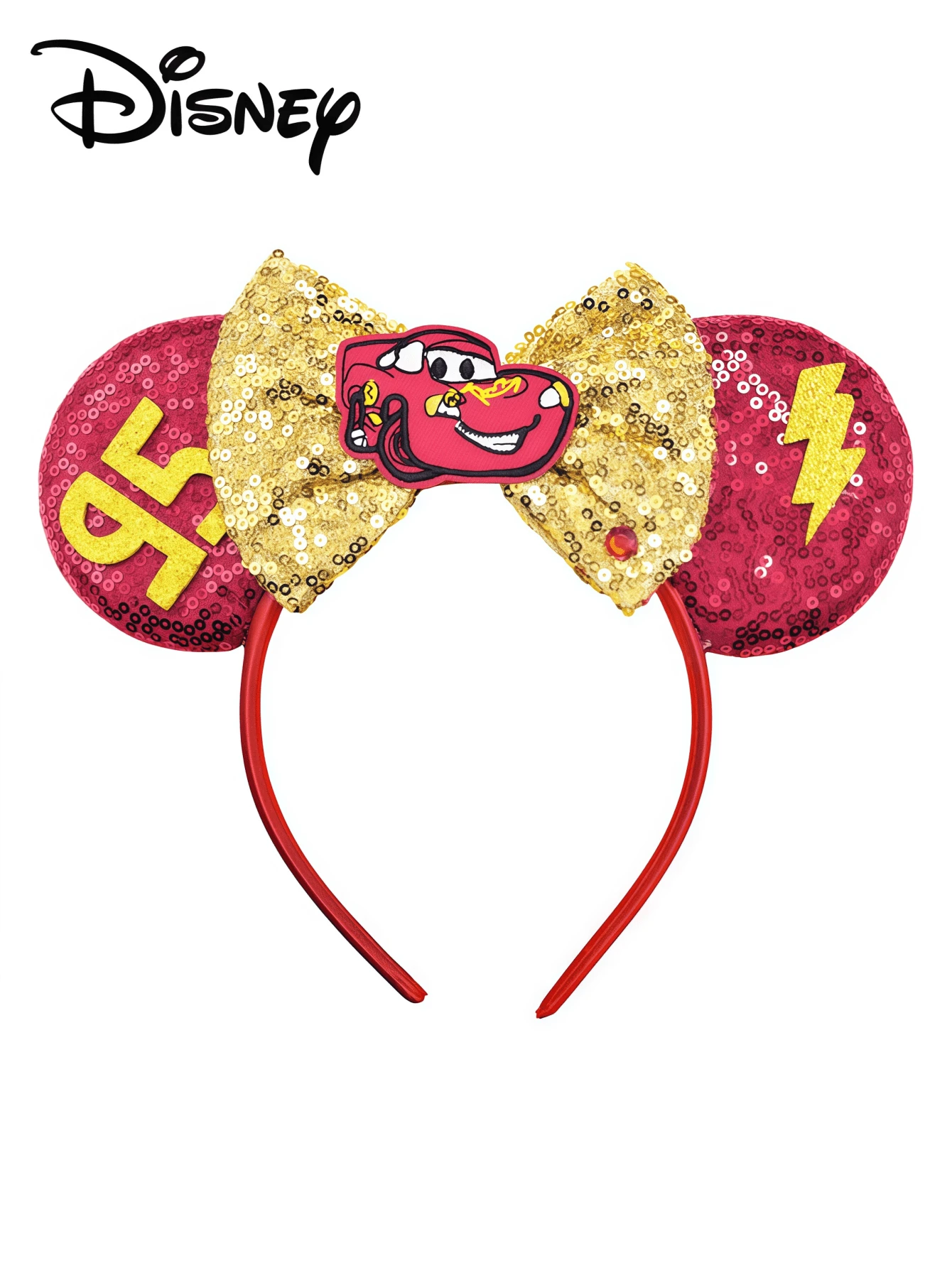 Disney 1pc Cars Character Ear Headband, Red Sequin Gold Sparkle Bow Lightning McQueen 95 Number Festival Cosplay Party Hair Hoop - Multicolor - View 1