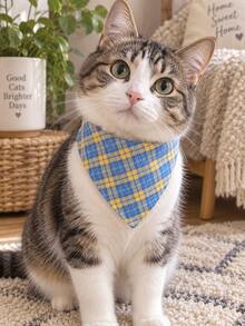 Blue Yellow Plaid Pet Bandana,Plaid Double‑Sided Pet Bandana,Adjustable Checkered Dog Cat Triangle Bib Scarf,Classic Gingham Pet Neckerchief,Soft Fabric Pet Saliva Towel For Puppy Kitten Daily Wear,Pet Photo Shooting Props,Pet Birthday Party Decor. - Multicolor - View 5