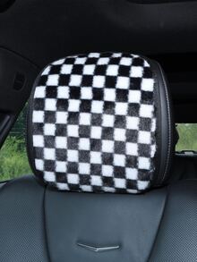 Soft Fluffy Black White Checkered Car Headrest Cover, Universal Fit Plush Auto Seat Head Rest Protector, Cozy Neck Support Decorative Car Interior Accessory - Checkerboard - View 2