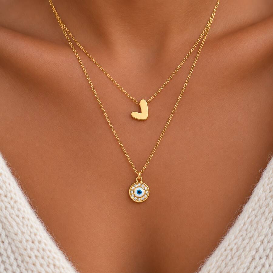 2Pcs/Set Simple Classic Multi-Style Eye Heart Pendant Golden Stainless Steel Chain Layered Necklaces For Women - Eye - View 1