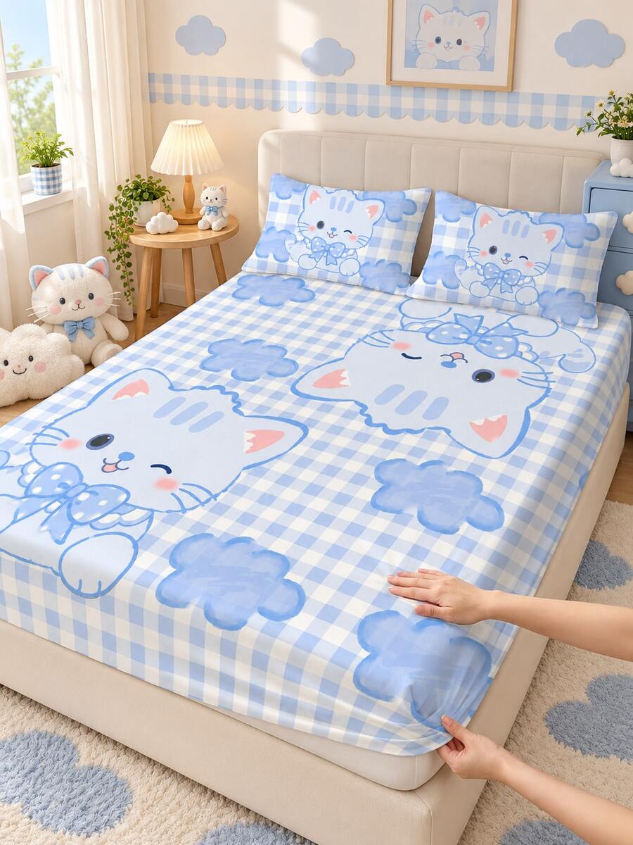 2/3 Piece Set Cute Cat Pattern Fitted Sheet Fitted Sheet Mattress Protector, Blue And White Plaid With Cloud Accents, Soft Comfortable Breathable, Suitable For All Seasons, Fits All Bed Sizes (Twin/Full/King/Queen), Deep Pocket Design, Suitable For Bedroom, Dorm, Hotel, Machine Washable - Multicolor - View 1