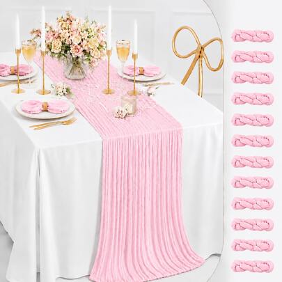 12pcs Light Pink Gauze Table Runner, 35*120 Inch Sheer Pleated Bohemian Country Style Table Runner, Suitable For Wedding Party, Baby Shower, Birthday, Bridal Shower, Thanksgiving, Friendsgiving, Engagement Party, Home Decor