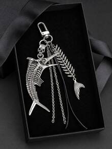 Gantungan Kunci Tas Tulang Ikan Gaya Gothic Halloween, Liontin Tulang Ikan Pedang Logam Vintage dengan Tengkorak, Hiasan Gantung Rantai Rumbai Tali Hitam, Dekorasi Kunci Ransel Punk, Hadiah Pesta Halloween, Hadiah untuk Teman - MultiWarna - View 6