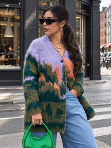 Women's Artistic Print Cardigan, Spring/Autumn Button Knit Sweater, Autumn/Winter Warm Sweater - Multicolor - View 1