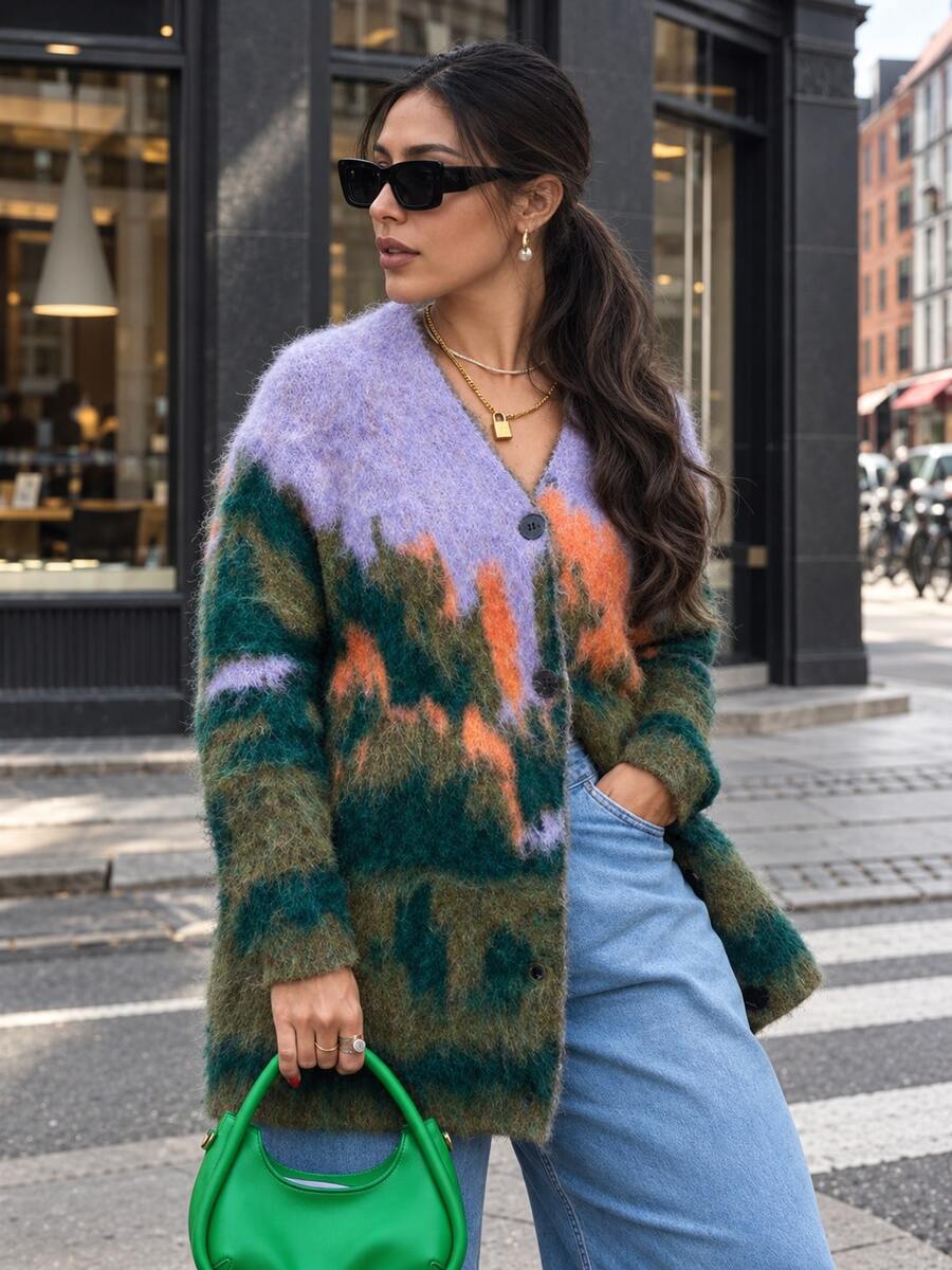 Women's Artistic Print Cardigan, Spring/Autumn Button Knit Sweater, Autumn/Winter Warm Sweater - Multicolor - View 1