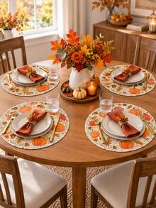 1/4/6PCS Pumpkin Maple Leaf Round Linen Placemats, Rustic Autumn Harvest Printed Dining Table Mats, Farmhouse Heat Resistant Decorative Place Mats For Thanksgiving Kitchen Dining Room Fall Home Table Decor - Multicolor - View 10