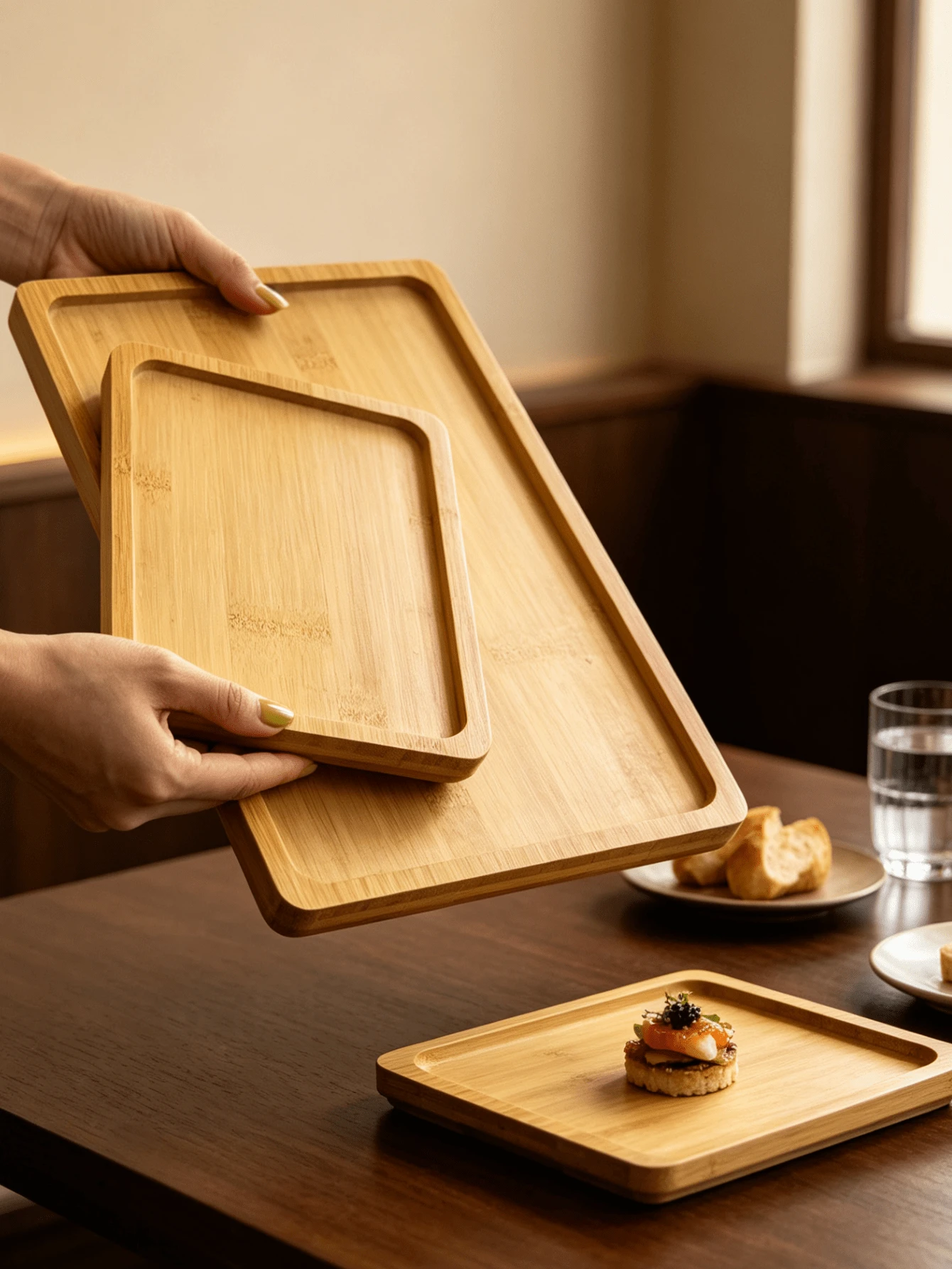 1/2pcs Rectangular Bamboo Wood Tray, Reusable. Can Hold Sushi, Fruit, Snacks, Desserts, Sweets, Both As A Serving Tray And Table Decoration. Suitable For Family Gatherings, Themed Parties, Christmas, Halloween And Other Festivals, Kitchen Storage, Home Decor, Multi-Functional, Practical And Photogenic. - View 1