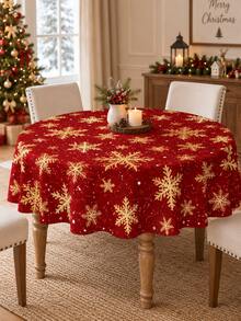 Christmas Red Snowflake Polyester Tablecloth, Gold Snowflake Holiday Tablecloth, Suitable For Round And Square Tables, Winter Christmas Dining Room Kitchen Party Farmhouse Home Decor - Multicolor - View 2