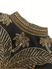 Luxury Sequin Palm Tree Embroidered High Neck Batwing Sleeve Kaftan Women's Long Robe Middle Eastern Style Banquet Dress - Black Gold - View 5