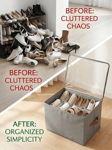 Compartment Oxford Cloth Shoe Storage Box, Minimalist Gray With Faux Leather Handle, Transparent Flip Lid, Large Capacity Foldable Design, Dust-Proof And Moisture-Proof, Wardrobe Bedroom Sneakers And Boots Organizer Storage Box - Multicolor - View 3