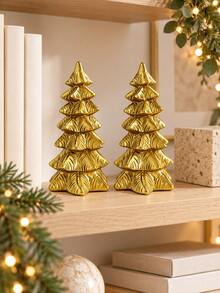1pc Golden Christmas Tree Tabletop Decor, Vintage-Inspired Layered Tree Figurine With Textured Detail, Festive Freestanding Accent For Fireplace Mantel, Entryway, Shelf, Desk And Holiday Centerpiece - New Model - View 8
