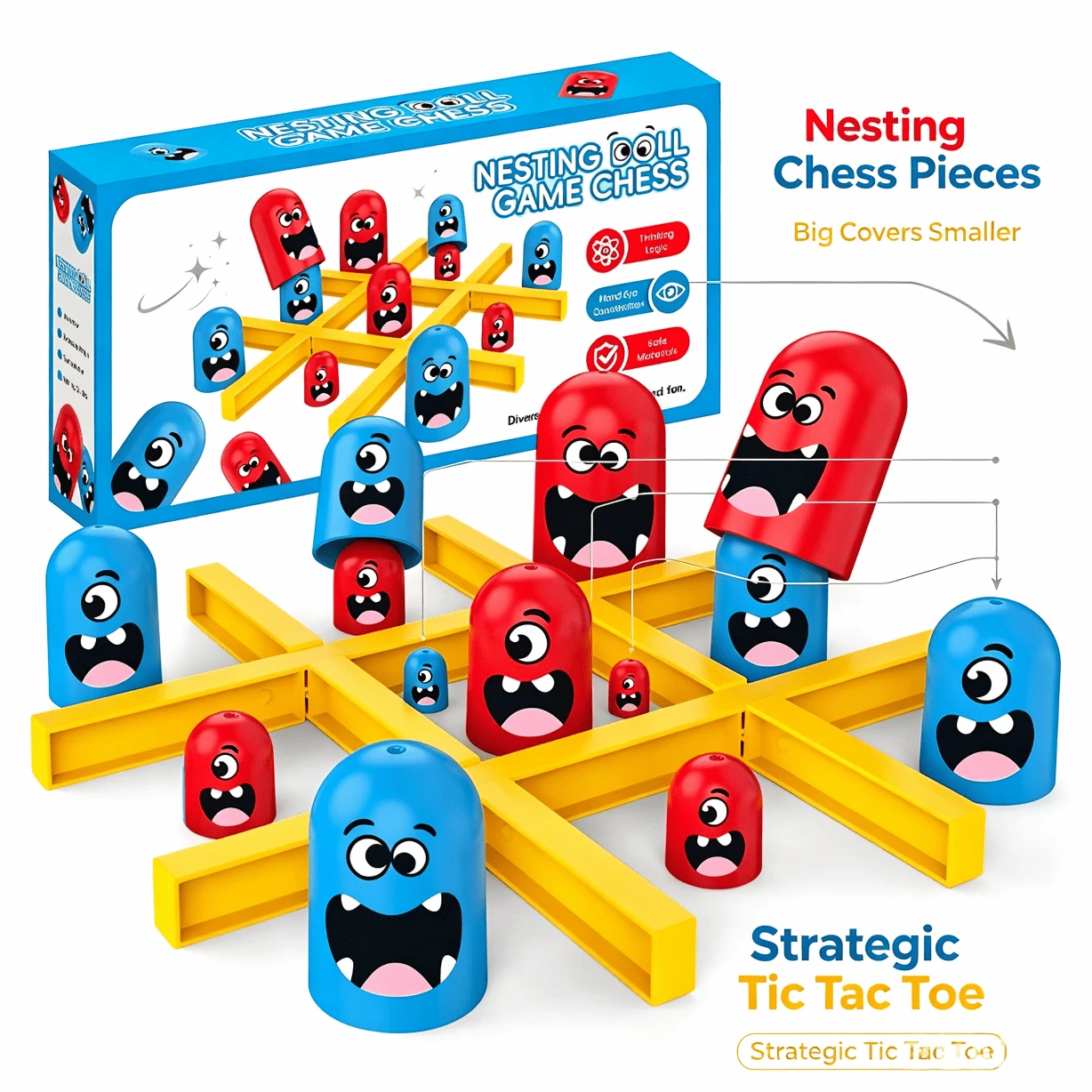 Matryoshka Tic Tac Toe Toy Red & Blue Battle Educational Desktop Game Parent-Child Interactive Strategy Toy Children's Birthday Christmas Party Holiday Gift Box Filler
