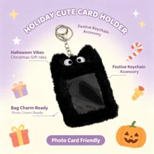 Plush 3-Inch Card Holder With Keychain Pendant, Transparent Window For Storing Small Cards, Photos, Postcards, Christmas And Halloween Gift Item, Bag-Hanging Card Storage Bag, Portable, For Girlfriend And Friends - Black - View 4