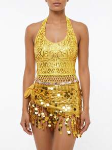 Bohemian Sequin Embroidered Chest Piece, Coin Tassel Hem & Round Sequins Tassel Hip Scarf, Exotic Body Accessory For Vacation Carnival (Multiple Colors Available) - Multicolor - View 13