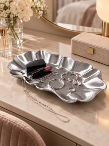 1pc Elegant Wavy Floral Silver Jewelry Tray, Multi-Functional Vanity Desktop Storage Organizer, Jewelry & Cosmetics Display Plate, Suitable For Vanity, Bedside Table, Desk, Home Aesthetic Decor, Home Decoration, Room Decor, Autumn Home Decor, Office Decor, Decoration, Bedroom Decor - Multiple Styles - View 1
