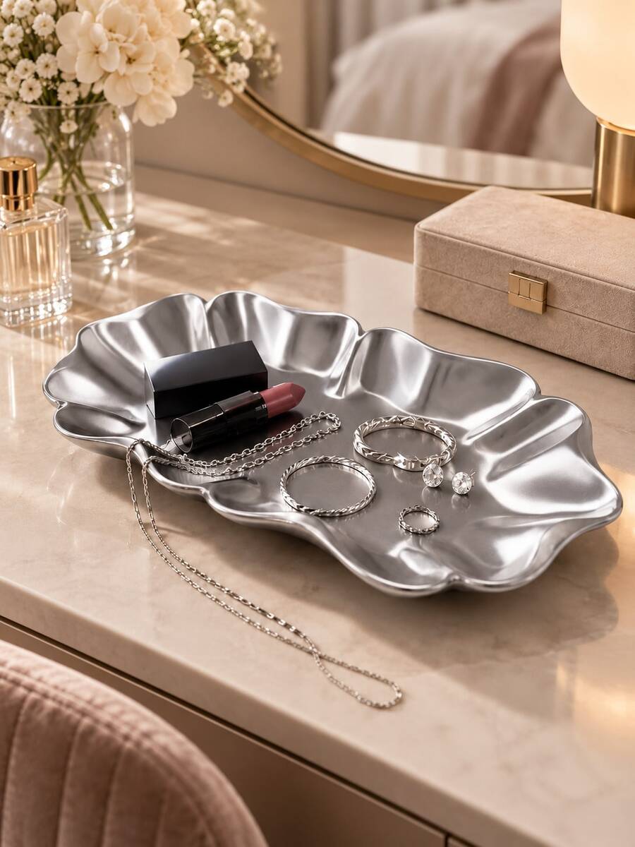 1pc Elegant Wavy Floral Silver Jewelry Tray, Multi-Functional Vanity Desktop Storage Organizer, Jewelry & Cosmetics Display Plate, Suitable For Vanity, Bedside Table, Desk, Home Aesthetic Decor, Home Decoration, Room Decor, Autumn Home Decor, Office Decor, Decoration, Bedroom Decor - Multiple Styles - View 1