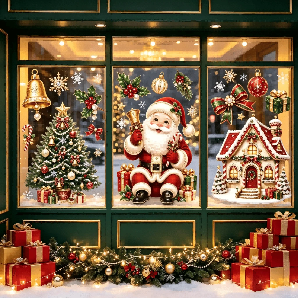 Miếng dán tĩnh điện trang trí kính cửa sổ ngày lễ hình người tuyết, chuông, ông già Noel, tuần lộc, họa tiết trang sức tinh xảo