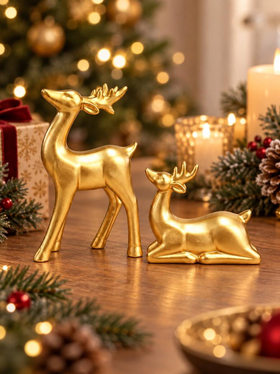 2pcs Gold Reindeer Figurines Set, Standing And Reclining Deer Statues, Christmas Tabletop Decor, Modern Nordic Home Decorations For Living Room, Mantel, Bookshelf, Dining Table, Holiday Centerpiece And Housewarming Gift - Christmas Reindeer Decoration - View 1