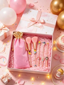 Disney Princess Themed 5pcs Beauty Makeup Tool Kit With Portable Pouch, Embossed Metal Wand Handle Fluffy Cheek Rouge Smudge Crease Eye Brushes, Deluxe Licensed Collector Cosmetic Accessories For Holiday Celebration Gift Presentation Set - Multicolor - View 3