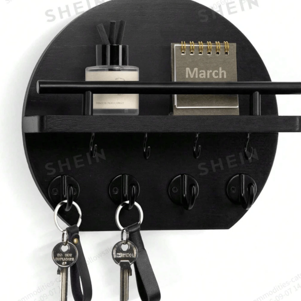 Wall-Mounted Key Rack Apartment Wall Decor, With Shelf And 8 Key Hooks, Round Wooden Key Holder, Home Decoration - 5 Hooks - View 1