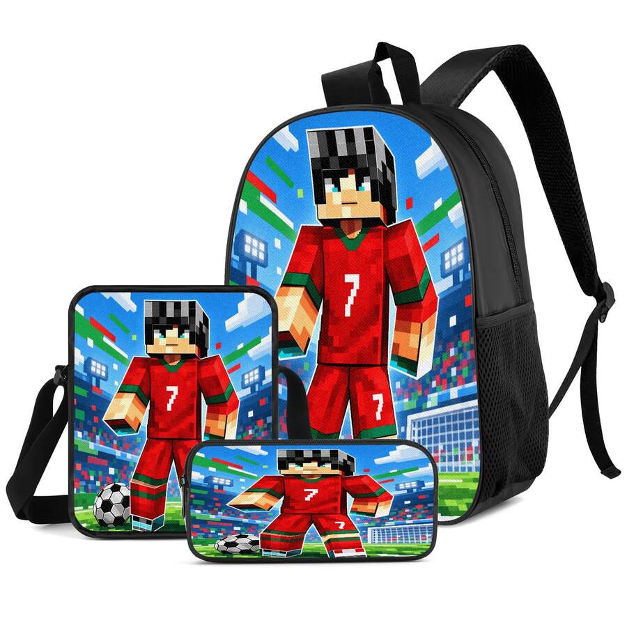 No. 7 Red Jersey Football Player 2D Print 3 Pieces Backpack Set, Large Capacity Backpack With Crossbody Bag And Pencil Case, Side Elastic Mesh Pocket Water Bottle Holder, Wide Breathable Adjustable Shoulder Straps, Retro Game Style Sports Theme Daily Commute Travel Casual Storage Bag - Printed Bag - View 1