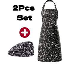 Conjunto de 2 piezas de gorro de chef y delantal con patrones mixtos, delantal de chef ajustable con múltiples patrones y gorro, conjunto de delantal con tirantes y bolsillos grandes - Blanco - Ver 2