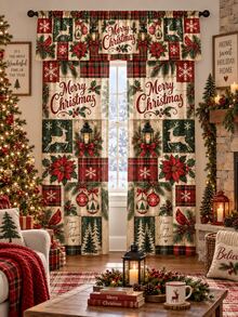 Christmas Window Curtain Set, Reindeer Snowman Gingerbread Winter Village & Vintage Patchwork Printed Polyester Curtains With Festive Holiday Designs, Christmas Decorations For Home, Living Room Bedroom Kitchen Room Decor - A - View 23