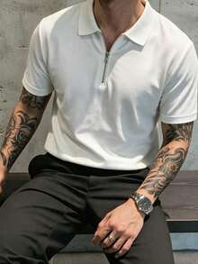 Men's Solid Color Half-Zip Casual Versatile Commute Travel Short Sleeve Polo Shirt - White - View 2