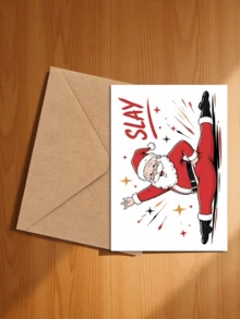 1pc "Slay Santa" Funny Christmas Card With Envelope - Humorous Cartoon Santa Claus Greeting For Friends, Family And Colleagues, Blank Inside - A - View 3