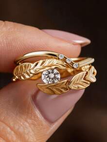 2pcs/Set 18K Gold Plated Luxury White Gemstone Rings, Petal Leaf Rings, Rhinestone Rings, Exquisite Holiday Party Gift For Women - Yellow Gold - View 9