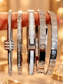 5pcs/Set Silver Stackable Fashion Bracelet Set, 304 Stainless Steel, Rust-Proof, Waterproof, Hypoallergenic, Minimalist Luxury Stackable Jewelry, Graduation, Birthday, Valentine's Day, Mother's Day, Christmas Gift For Her - Silver - View 11