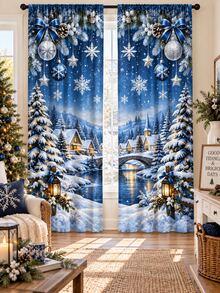 Christmas Window Curtain Set, Reindeer Snowman Gingerbread Winter Village & Vintage Patchwork Printed Polyester Curtains With Festive Holiday Designs, Christmas Decorations For Home, Living Room Bedroom Kitchen Room Decor - A - View 4