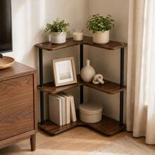 Maximize Your Unused Corner Space With This 3-Tier L-Shaped Storage Rack. Equal-Length Arms Naturally Fit 90° Corners, And 3-Tier Open Walnut-Toned Shelves Increase Vertical Storage Space Without Obstructing Surrounding Areas. The Slim Black Iron Frame Creates A Light And Modern Appearance, With Rounded Outer Edges Softening The Overall Look. Perfect For Kitchen Countertop Storage Of Spices And Mugs - Multicolor - View 3