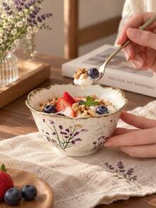 Vintage Lavender Hand-Painted Ceramic Bowl, Petal Rim Underglaze Floral Rice Bowl, Yogurt Oatmeal Breakfast Dessert Bowl For Home Kitchen Gift Idea - Multicolor - View 9
