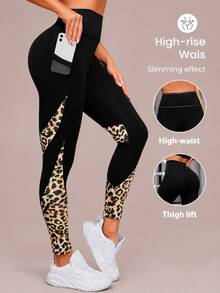 Deybera Women's High Waist Leopard Print Patchwork Leggings, Tummy Control Elastic Fitness Pants With Side Phone Pockets, Suitable For Gym, Yoga, Workout - Multicolor - View 1