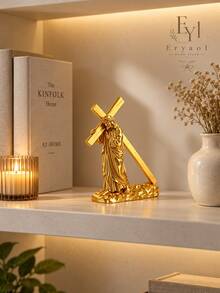 1PC Gold Jesus Carrying Cross Statue, 10cm Christian Religious Figurine, Metallic Faith Home Decor Sculpture For Prayer Room, Shelf, Desk, Bedroom, Church, Easter Christmas Gift - Jesus Cross - View 2