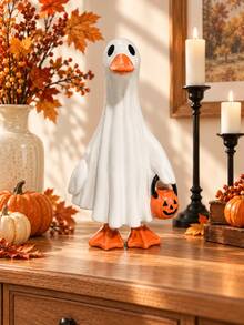 Halloween Ghost Duck Decorative Ornament With Pumpkin Bucket, Cute Spooky Fall Tabletop Decor, Funny Duck Home Decoration For Shelf, Mantel, Entryway, Living Room And Halloween Party - 1PC - View 9
