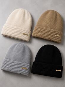 Men's Autumn/Winter Warm Knitted Beanie Hat With Folded Cuff, Metal Logo Decor, Simple Versatile Pullover Cap, Suitable For Daily Commute And Outdoor Wear - Knitted Hat - View 2