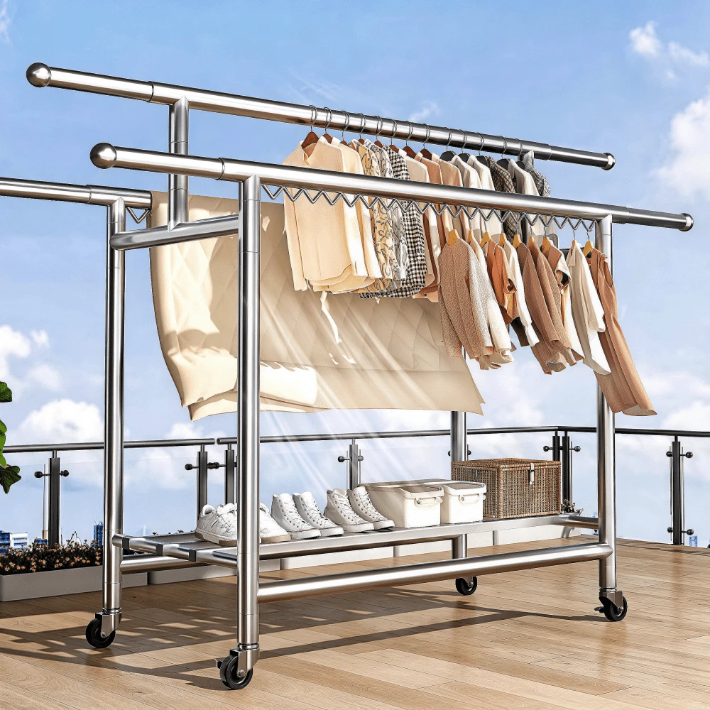 Telescopic Clothes Drying Rack, Foldable Movable Windproof Garment Hanging Rod, Freestanding Clothes Airer, Sturdy Portable Clothing Display Stand, 3 Styles Available, Space-Saving Home Garment Storage Rack For Clothes Organization
