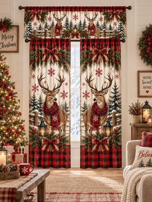 Christmas Window Curtain Set, Reindeer Snowman Gingerbread Winter Village & Vintage Patchwork Printed Polyester Curtains With Festive Holiday Designs, Christmas Decorations For Home, Living Room Bedroom Kitchen Room Decor - A - View 18