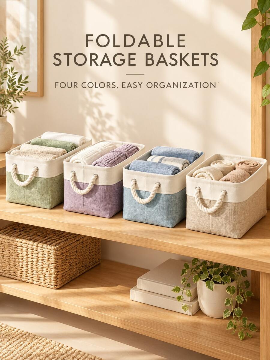 Modern Rectangular Foldable Fabric Storage Box With Contrast Color Panels, Reinforced Rims And Rope Handles, Stackable Organizer Bins For Clothing, Toys And Holiday Items, For Christmas Parties, Living Room, Bedroom, Nursery And Winter Home Use. - Multicolor - View 1