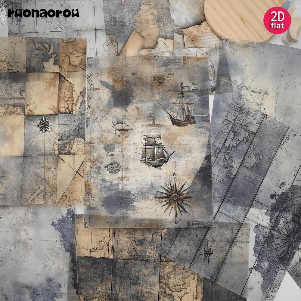 Ruonaorou 12pcs/Set Vintage Nautical Compass Map Translucent Vellum Paper Junk Journal Semi-Transparent Premium Distressed Ocean Navigation Material Vellum Paper Scrapbook Decoration DIY Junk Journal Diary Notebook Material Paper Envelope Greeting Card Vellum Paper Decoration (2D Flat A5) - A - View 1