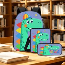 Cartoon Dinosaur 2D Print 3 Pieces Backpack Set, Large Capacity Backpack With Crossbody Bag And Pencil Case, Side Elastic Mesh Pocket For Water Bottle Storage, Wide Breathable Adjustable Shoulder Straps, Fresh Childlike Style For Daily Commute, Travel, Leisure And Storage - Printed Bag - View 9