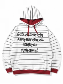 Women's Striped Sweatshirt, Contrast Color Hood Brim & Hem, Letter Print, Loose Fit Kangaroo Pocket Sweatshirt - White - View 2