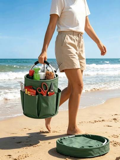 Cesta de almacenamiento plegable con asa y múltiples bolsillos - Portátil, adecuada para picnic, lavandería, artículos de tocador, equipo de camping, bolsa de viaje, cesta de tela multiusos, aplicable para el hogar, exteriores, organización, almacenamiento en estanterías