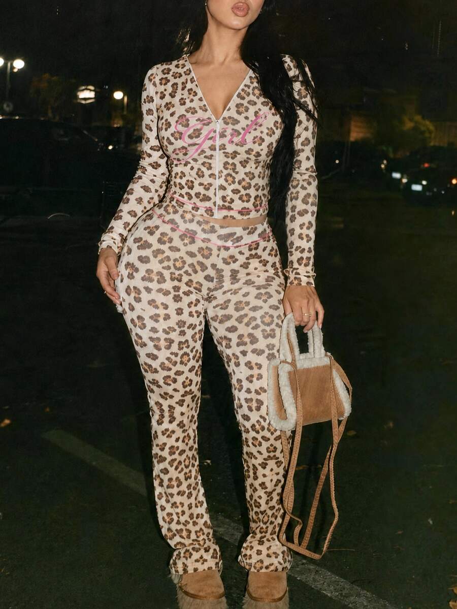 Women's Long Sleeve Printed Outfit Set, Comfortable Jogging Pants And Sweatshirt Set For Autumn Elegant - Leopard Print Apricot - View 1