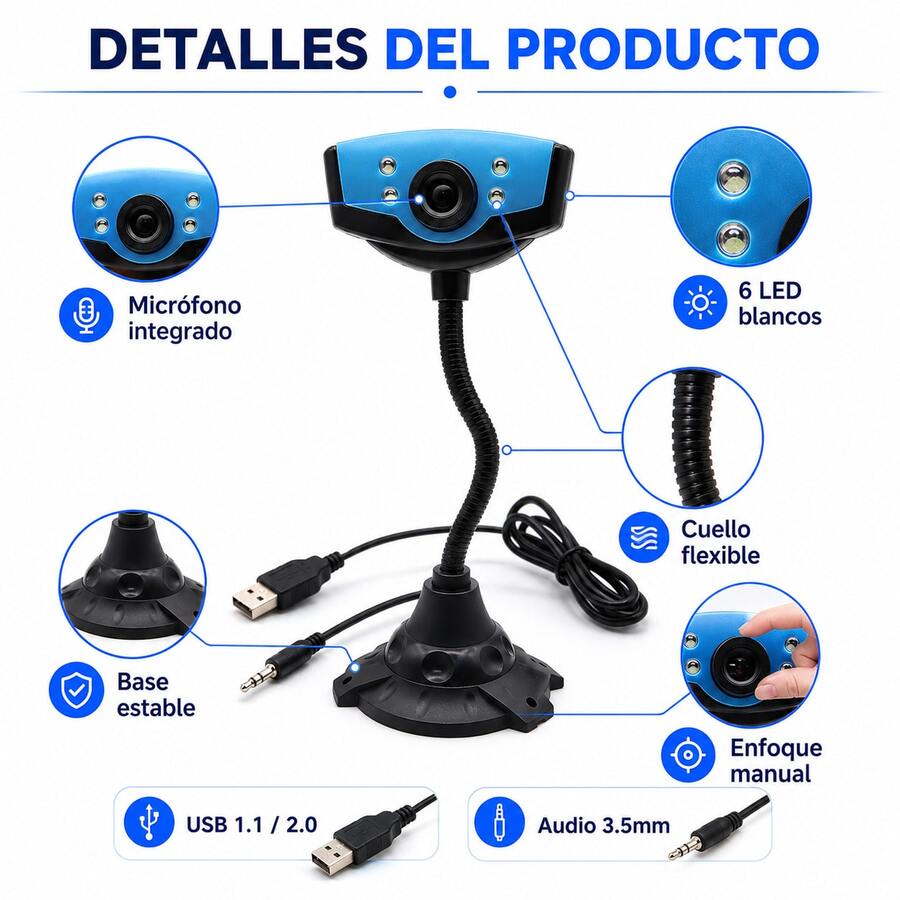 Cámara Web HD con Micrófono, Cuello Flexible y Luces LED Ajustables, Webcam USB para Computadora PC o Laptop, Ideal para Home Office, Clases en Línea y Videollamadas - 1 pieza - Ver 1